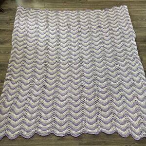 Handmade Crochet Afghan Blanket 67x70" Purple White Lace Throw Vintage Boho VTG